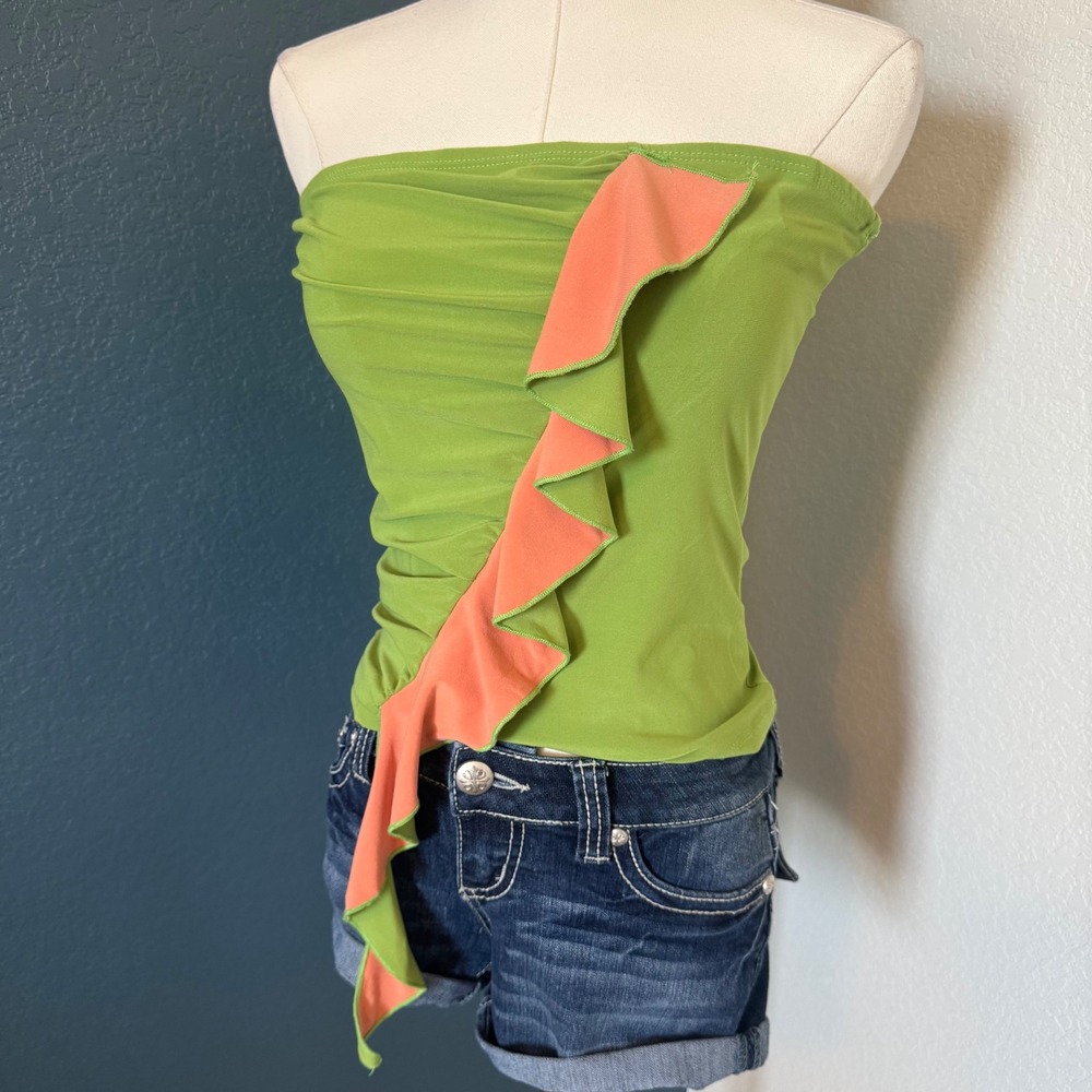 Y2K Fairycore Ruffle Famosa Tube Top Large Green Orange